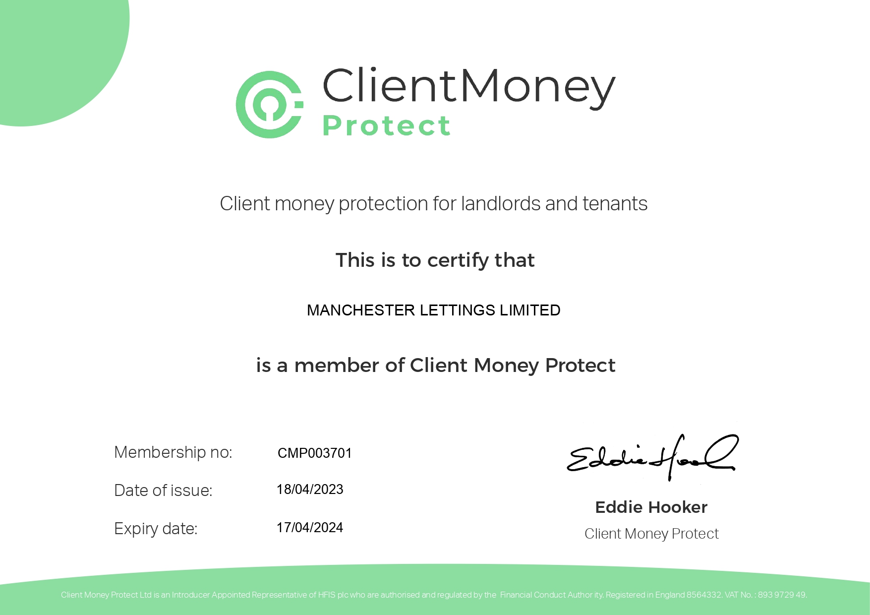 Manchester Lettings Ltd - Client Money Protection Certificate